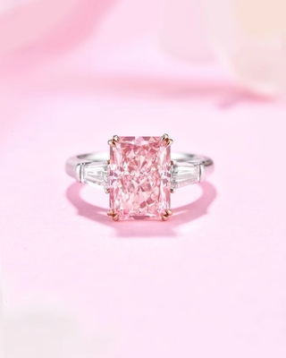 18k witgoud synthetische diamanten ring grote grootte 4,31ct fancy roze stralend gesneden diamant