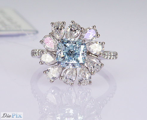 3.284ct Kussensnij Sky Blue CVD Synthetische Diamanten Ringen Luxe 18K Wit Goud Set