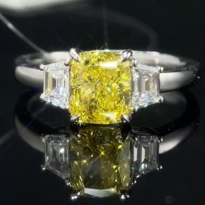 1.22ct Lab Grown Diamant Ring Met Gele Diamant Drie Steen Stijl Op maat Gemaakte Sieraden